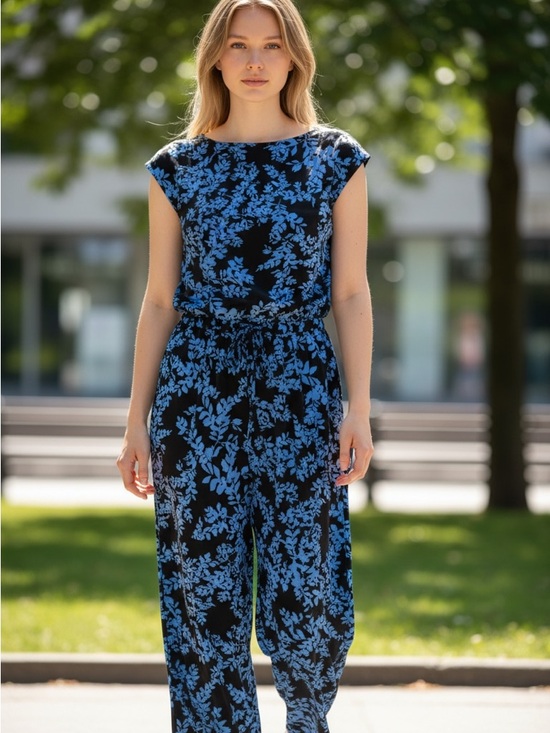 Roz & Ali Pants - Roz & Ali Black with Blue Floral Print Jumpsuit Size 16W